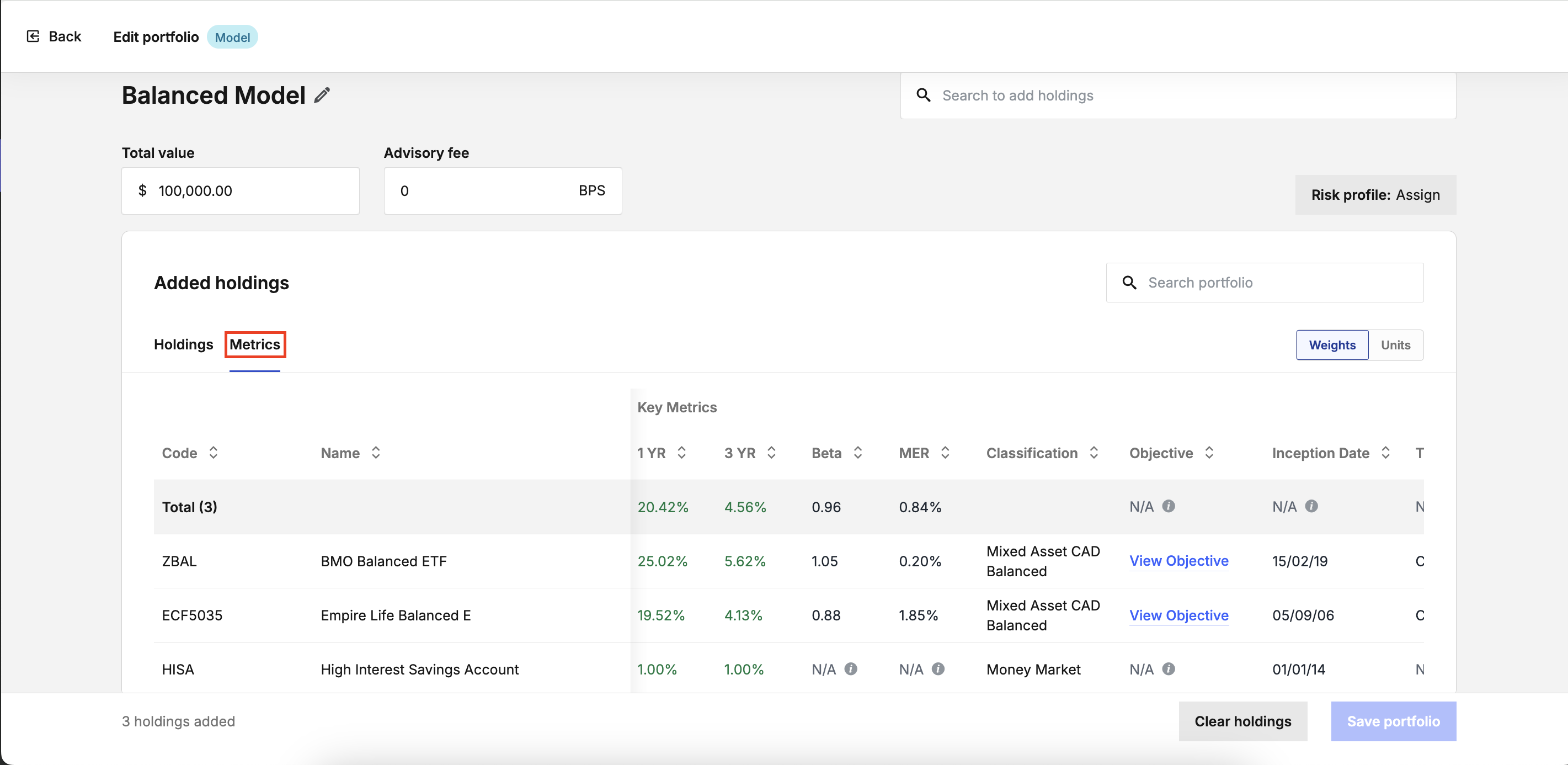 Portfolio Builder Metrics Light Mode